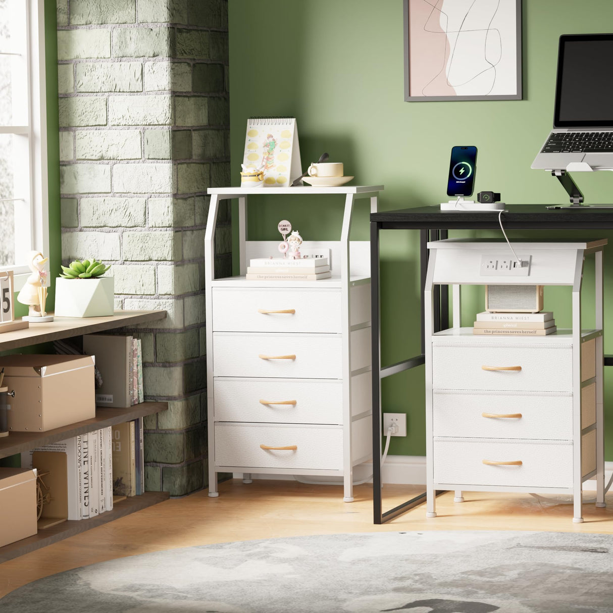 Furnulem Night Stand with Charging Station, 28.3 Inch Tall Bedside Table with PVC Drawers, End Table with USB Ports and Outlets, 3 Fabric Drawer Storage Nightstand for Bedroom, 3 Ways to Use, White Furnulem