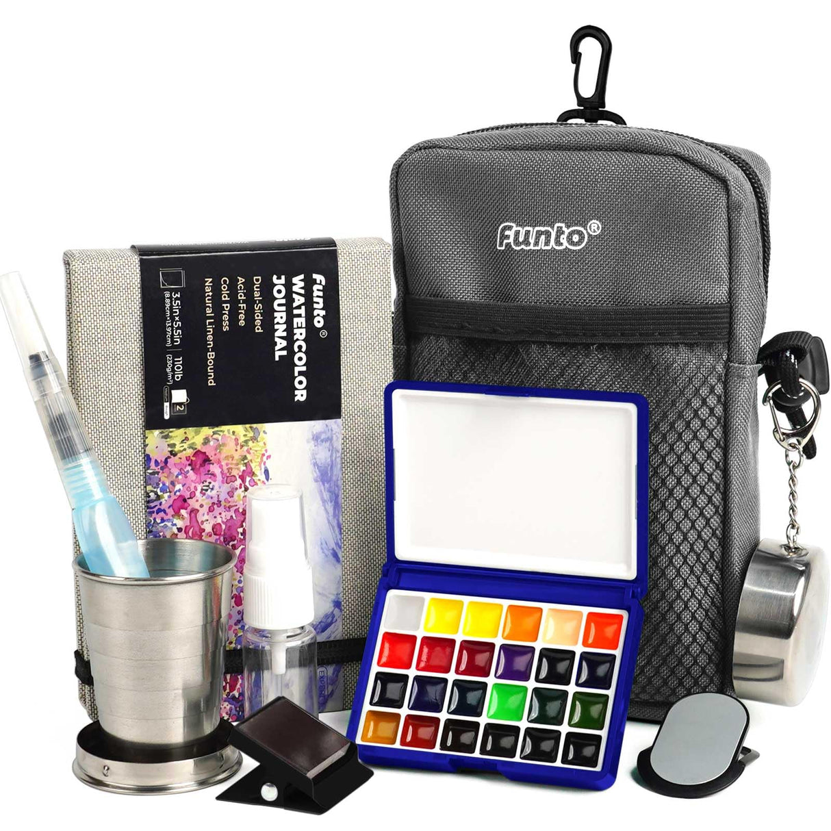 Funto Mini Watercolor Paint Set, All-In-One 24-Color Travel Paint Kit, with Crossbody Bag, Watercolor Journal, Paint Water Cup, Pocket Set for Artists Funto