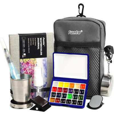 Funto Mini Watercolor Paint Set, All-In-One 24-Color Travel Paint Kit, with Crossbody Bag, Watercolor Journal, Paint Water Cup, Pocket Set for Artists