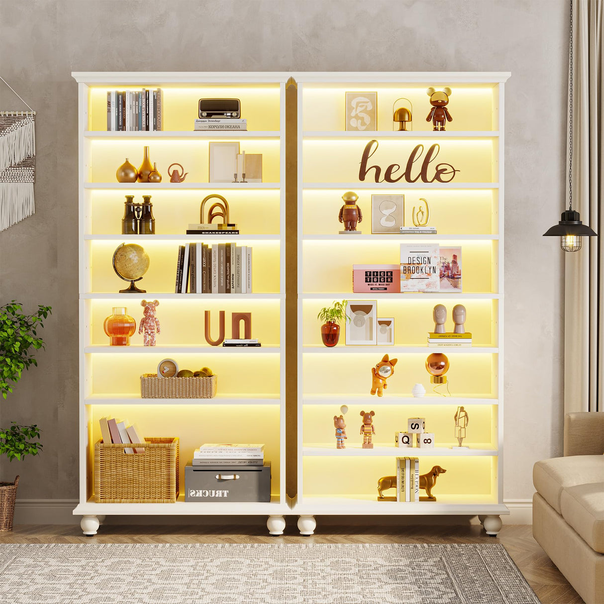 Tribesigns 69-Inch LED Bookcase with 9-Tiers and Solid Wood Legs in White Tribesigns