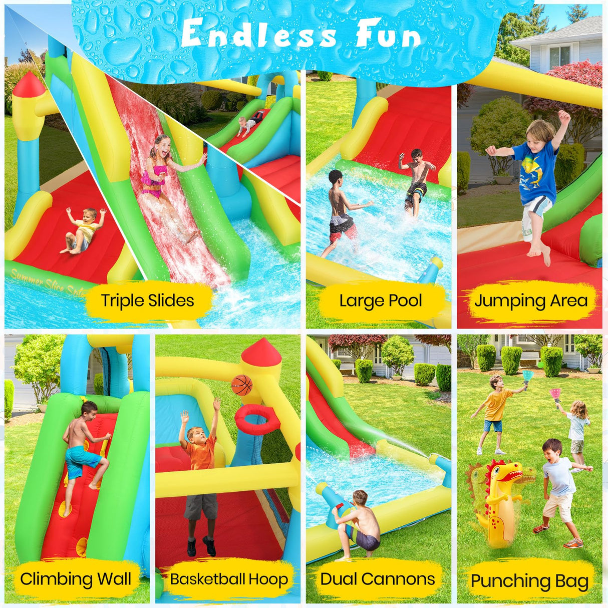 AKEYDIY Bounce House Water Slide for Kids 3-12 - Outdoor/Indoor Inflatable Water Bounce House with 3 Slides, Climbing Wall, Ball Pit & Jumping Area - Water Bouncy House Includes Blower (15.6ft x 11ft) AKEYDIY