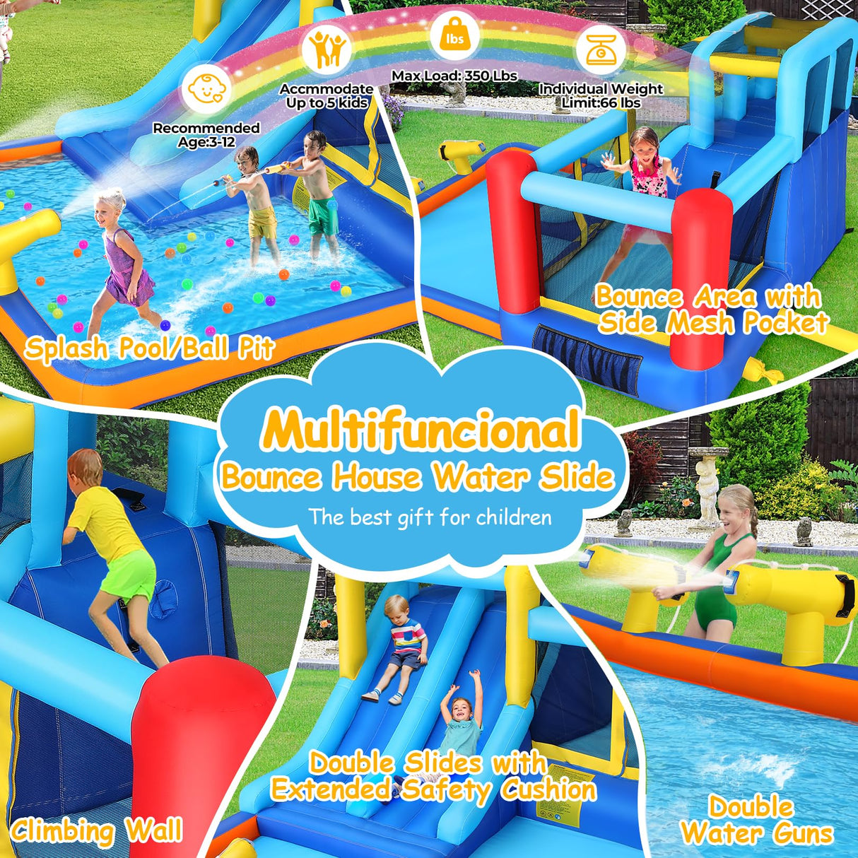 Whubefy Bounce House with Double Water Slide for Kids 3-12 w/Blower, 12x10FT Jump and Slide Inflatable Water Park w/ 2 Slides, Jumping Area, Climbing Wall and Water Cannons for Indoor Outdoor Backyard Whubefy