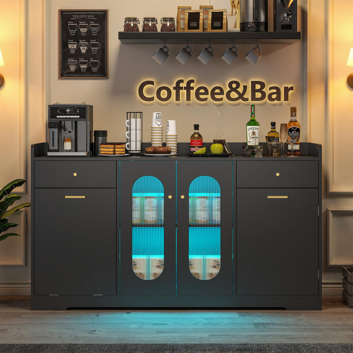 kepptory Large Kitchen Island with Storage, Kitchen Island with Trash Can & Adjustable Shelves & Drawers & LED Light, Kitchen Pantry Storage Cabinet for Home Office Use (Black, 13" D x 54" W x 32" H) kepptory