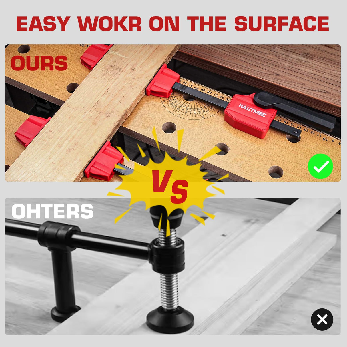 HAUTMEC Bench Dog Clamp, 3/4" Dog Hole Clamp, Up to 170 Lbs Clamping Force, Adjustable Bench Clamp with Protective Pads for Woodworking, Quick Clamps for 19mm Bench Dogs Holes(2 Pack), HT0276-CL HAUTMEC