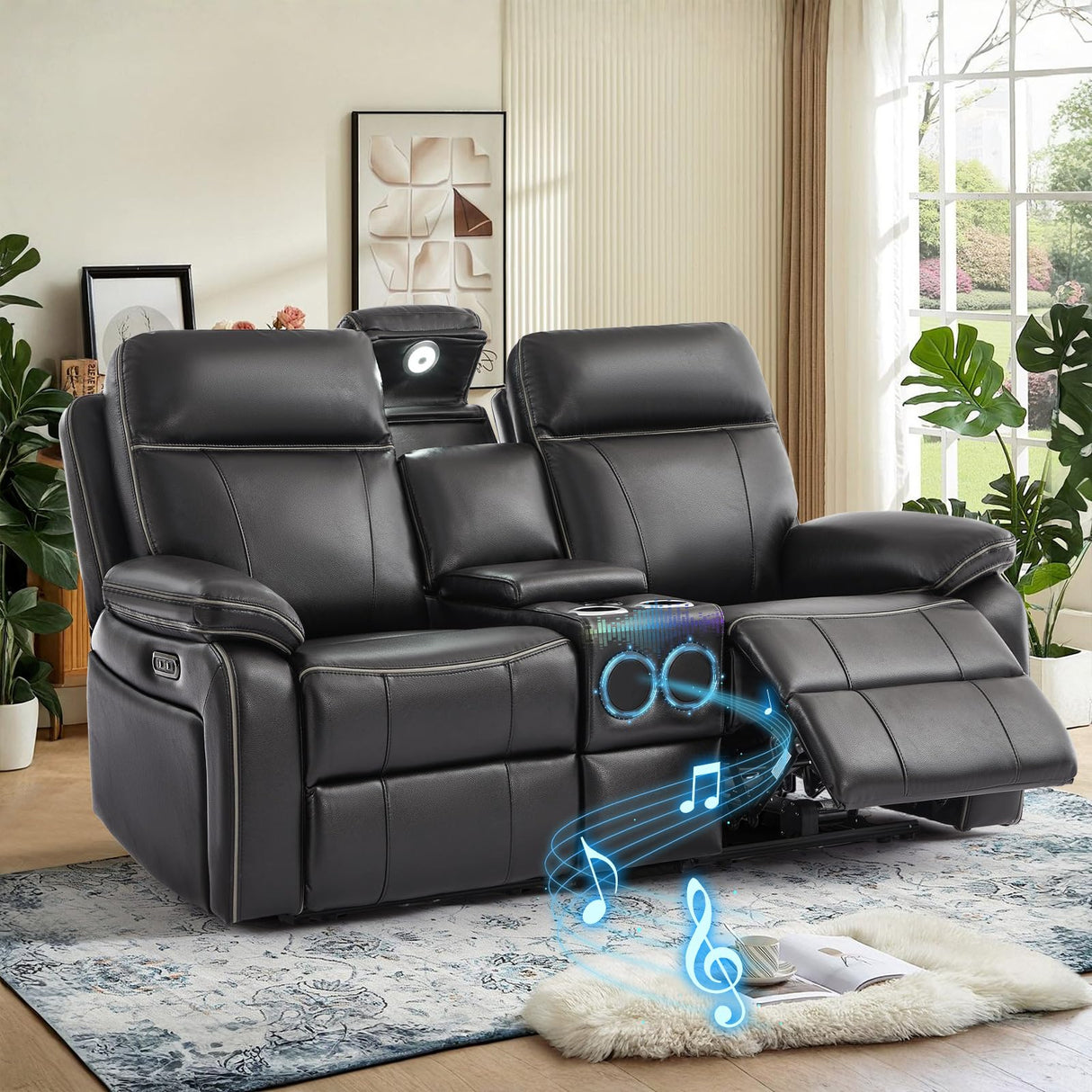 Neptane Power Reclining Loveseat with LED Reading Light/Storage Drawer/Bluetooth Speakers, Power Loveseat Recliner Sofa, Wall Hugger Reclining Loveseat with Outlets(Black, 2 Seat with Console) Neptane