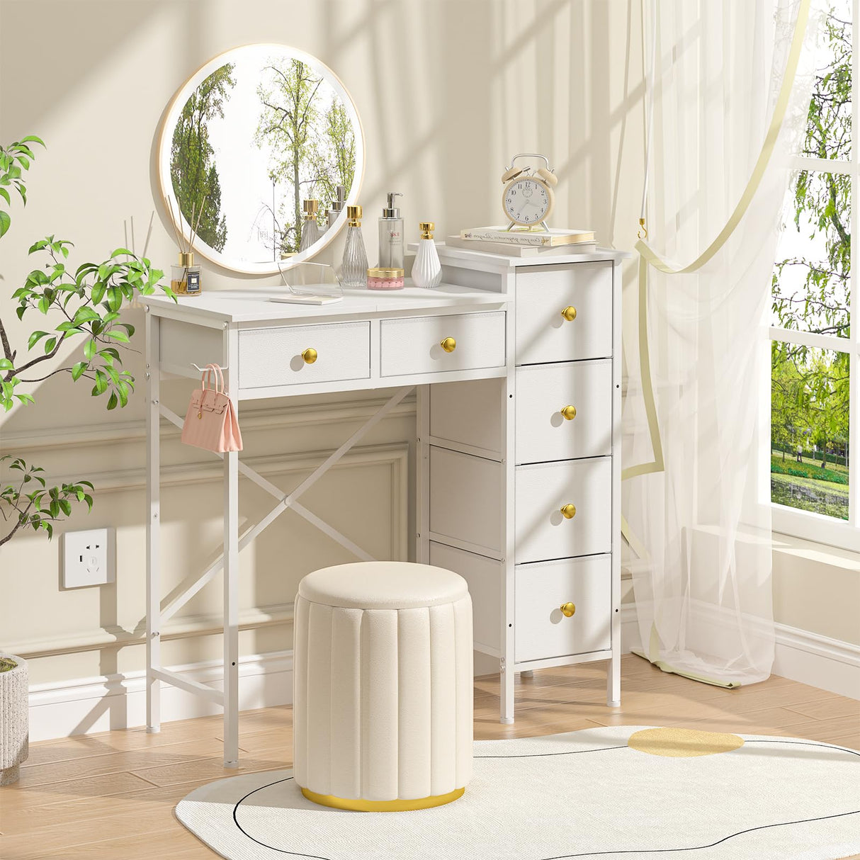 Vanity Desk No Mirror, Small White Vanity Desk, Makeup Girls Vanity Table with 6 Storage Drawers, Dressing Table for Small Spaces, Compact Vanity with Iron Hook for Bedroom, 33.07"L x 12.6"W x 33.07"H DAOUTIME