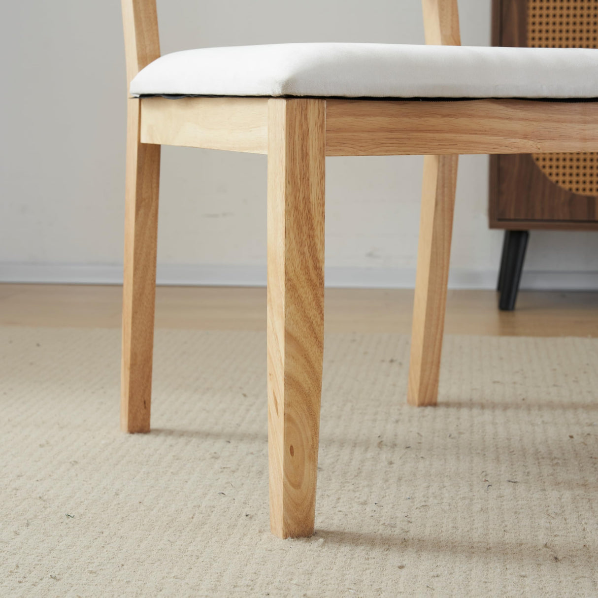 VINGLI Beige Woven Wooden Dining Chairs Set of 2,Armless Mid Century Modern Desk Chairs with Rivet&Foot Pegs,Upholstered Farmhouse Comfy Chair No Wheels for Dining Room,Living Room,Kitchen,Oak,Suede VINGLI