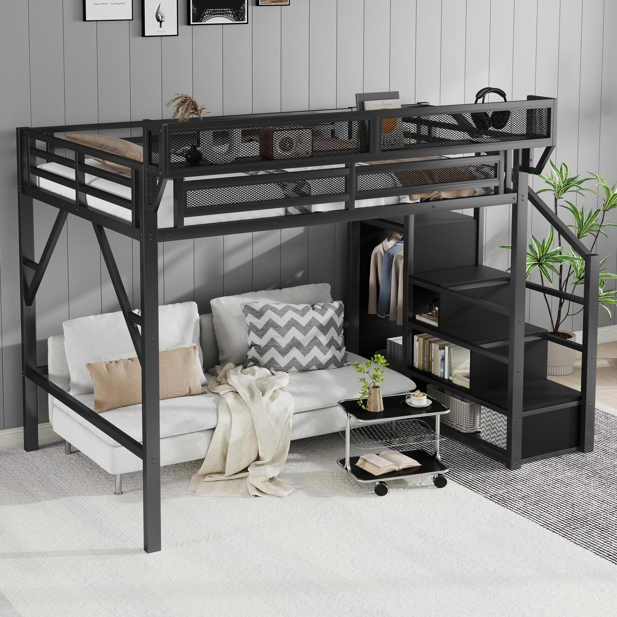 Mirightone Full Size Loft Bed with Stairs, Metal Loft Beds, High Loft Bed Frame with Storage Shelves, Lofted Full Bed with Wardrobe for Kids and Teens, No Box Spring Needed (Black) Mirightone