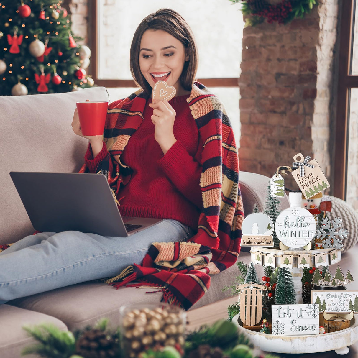 Thyle 16 Pcs Winter Tiered Tray Decor Set Christmas Tiered Tray Decor Hello Winter Snowman Snowflakes Wooden Sign Let It Snow Table Decorations Rustic Farmhouse Ornament for Table Home Kitchen Gift Thyle