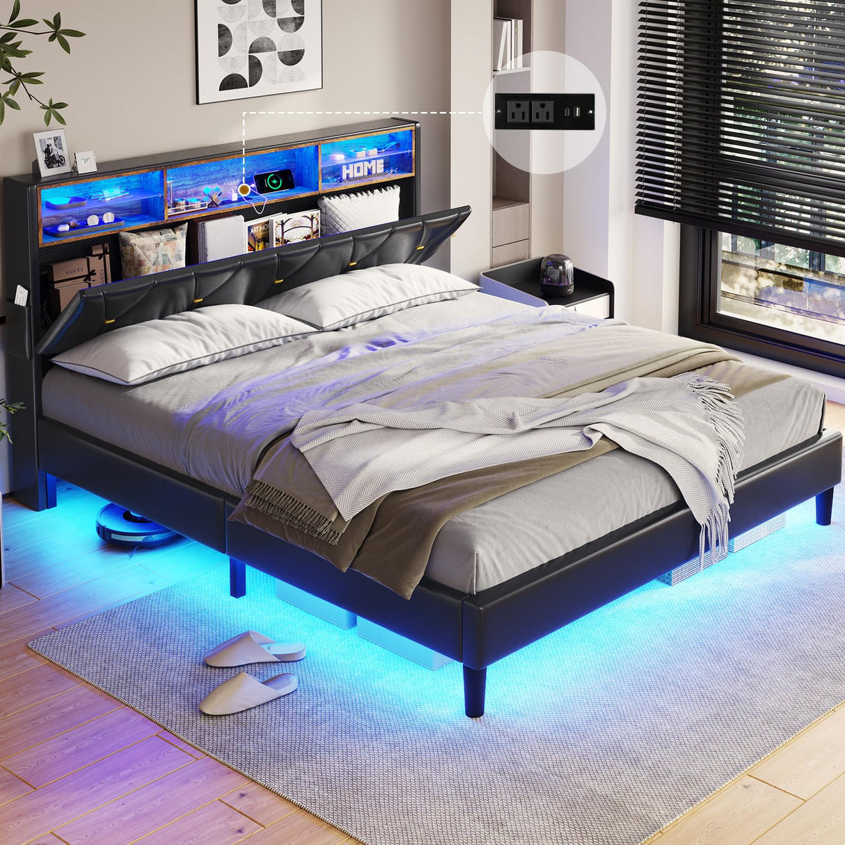 BTHFST Full Size LED Bed Frame with Charging Station & Stylish Storage Headboard in Black PU BTHFST