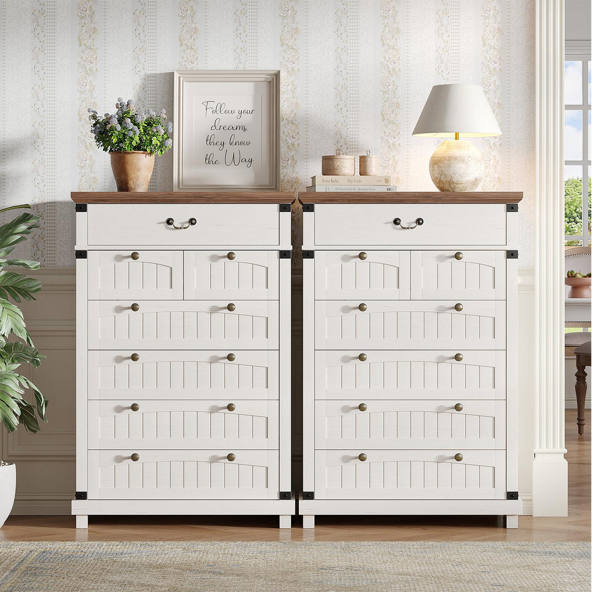 Maupvit Farmhouse 7 Drawer Dresser for Bedroom, 47" Tall Dresser Wood Chest of Drawers, Organizer Drawers for Bedroom, Living Room, Storage Room, Antique White Maupvit