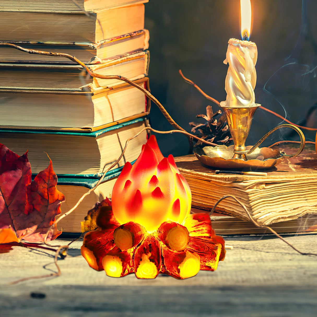 ABOOFAN LED Fake Campfire Lamp Battery Powered Artificial Fire Fake Flame with Realistic Log Flameless Candle for Halloween Christmas Campfire Party Decorations ABOOFAN