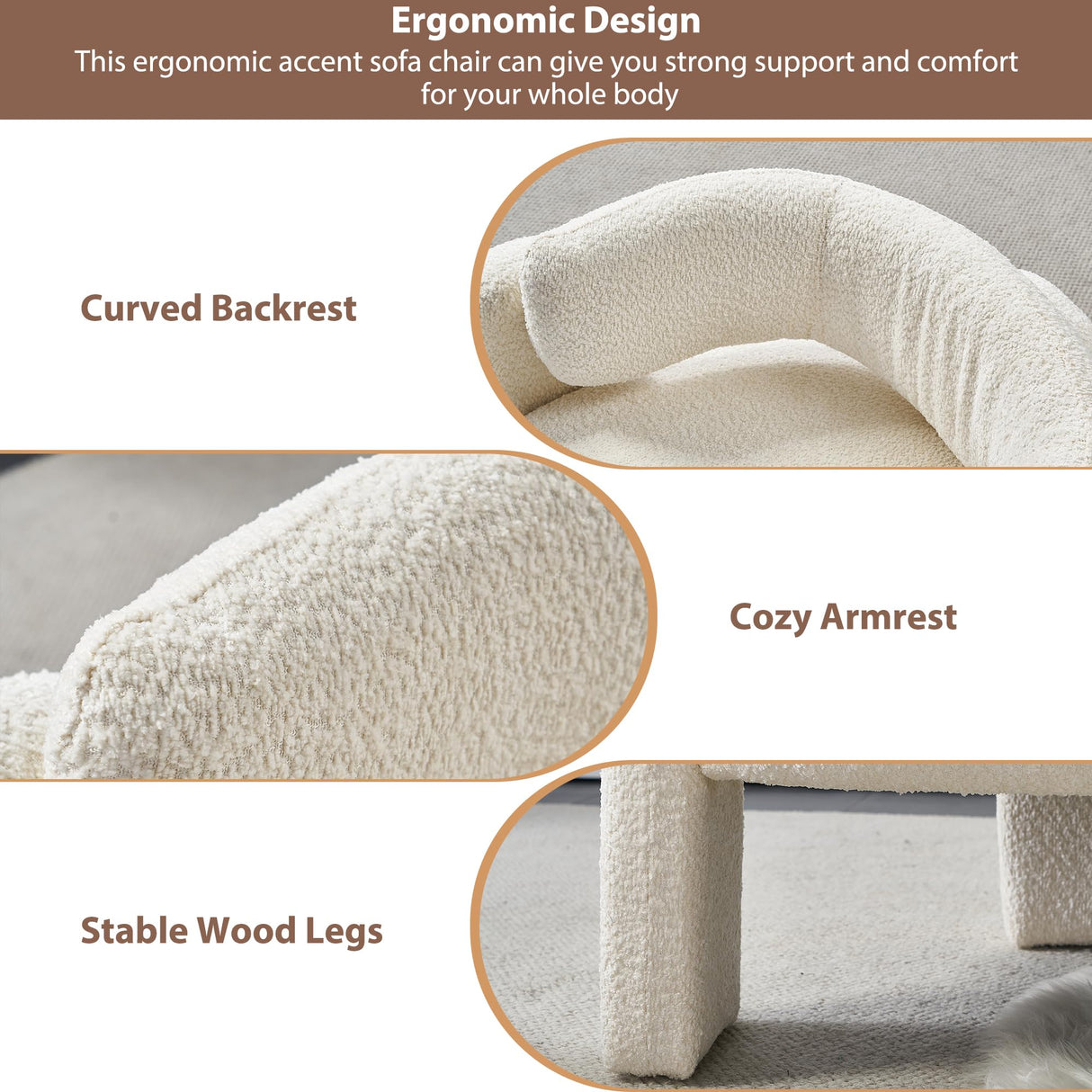 Tmsan Modern 3 Seat Curved Sofa, Upholstered Boucle Accent Sofa, Comfy Small Couch for Living Room, Dining Room, Reception, Beige Tmsan