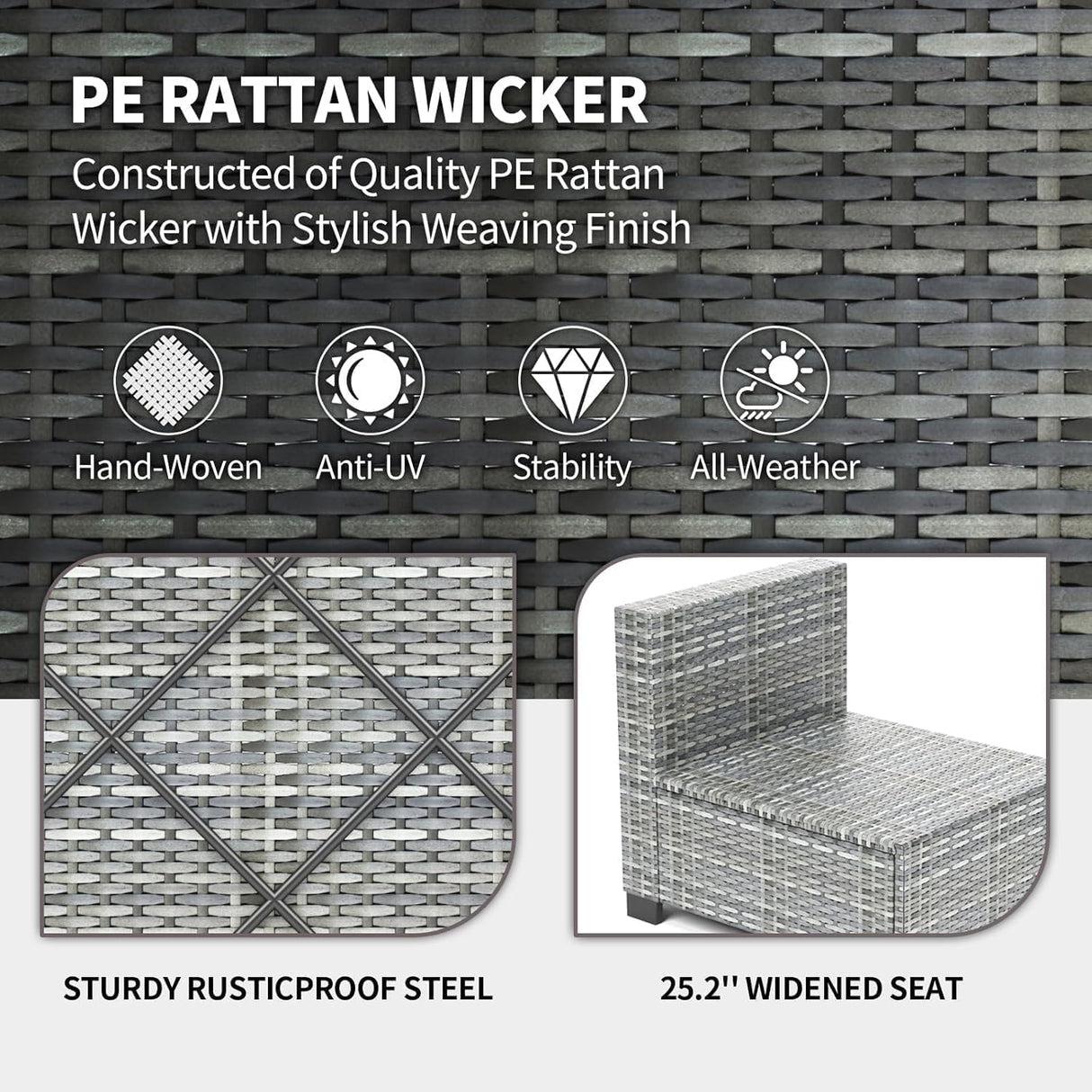 6 Piece Outdoor Patio Furniture Set with Coffee Table, Rattan Deck Conversation Sofa Set, All-Weather Sectional Rattan Sofa with Glass Top Coffee Table, Poolside, Garden, Porch, Grey + Beige GAOMON