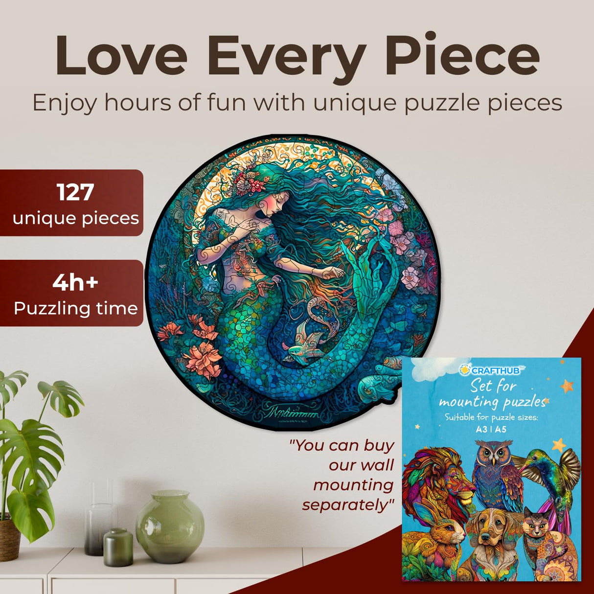 Crafthub Mystical Creatures Wooden Puzzles for Adults – A3 Dreamy Mermaid with 127 Pieces Wood Puzzles – Jigsaw Puzzles with Unique Animal Shapes – 10.9"x10.9" CRAFTHUB
