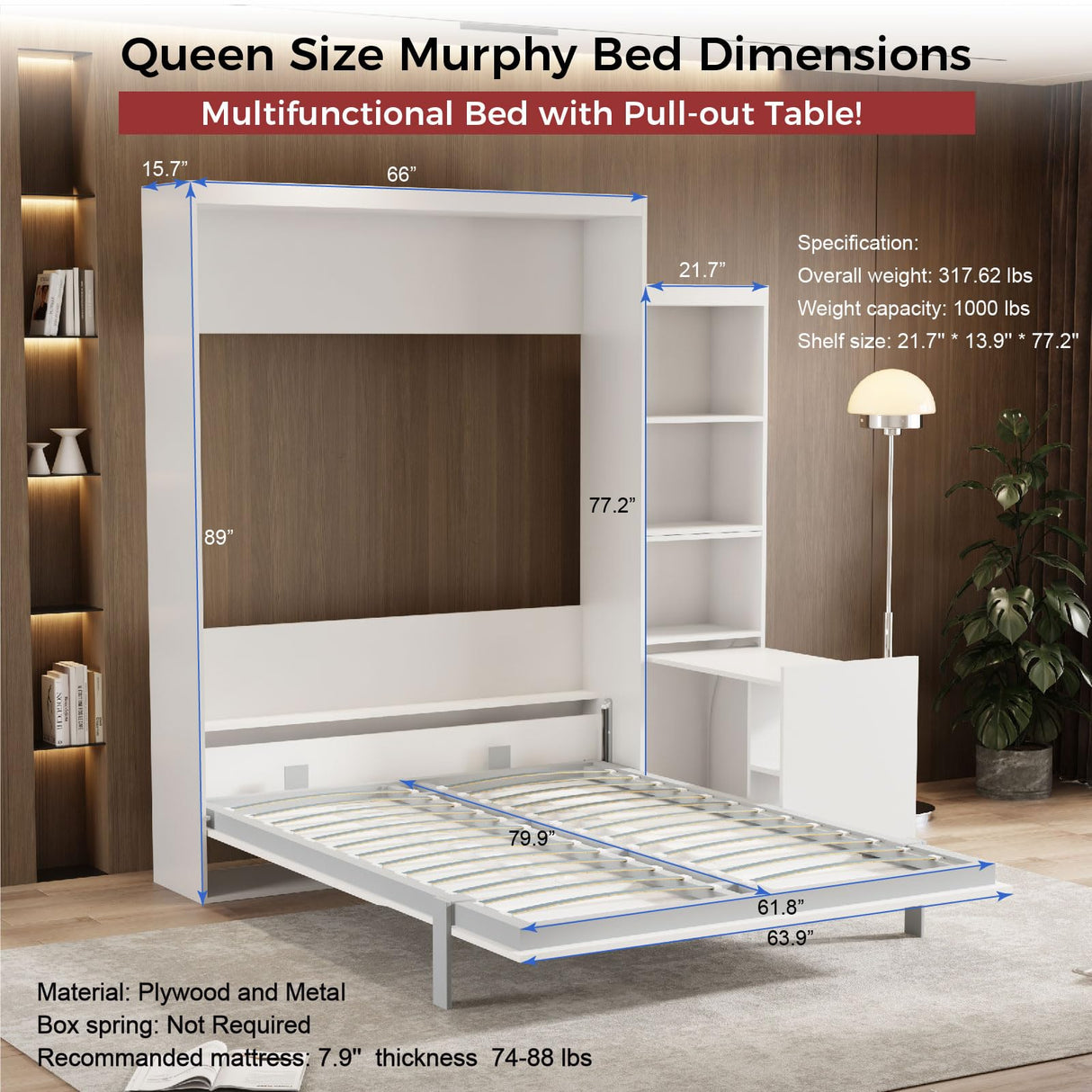 FAVSH Queen Size Murphy Bed Cabinet with Shelf and Hidden Table, Wood Hideaway Beds,Wall Bedframe for Bedroom,Space-Saving, Noise Free, White FAVSH