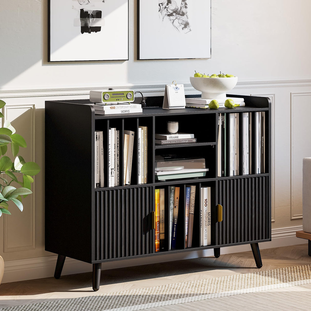 IRONCK Short Bookshelf with Cabinet, Short Bookcase with Doors, Low Bookcases with Charging Station, 2 Shelf Bookcase for Living Room, Office, Black IRONCK