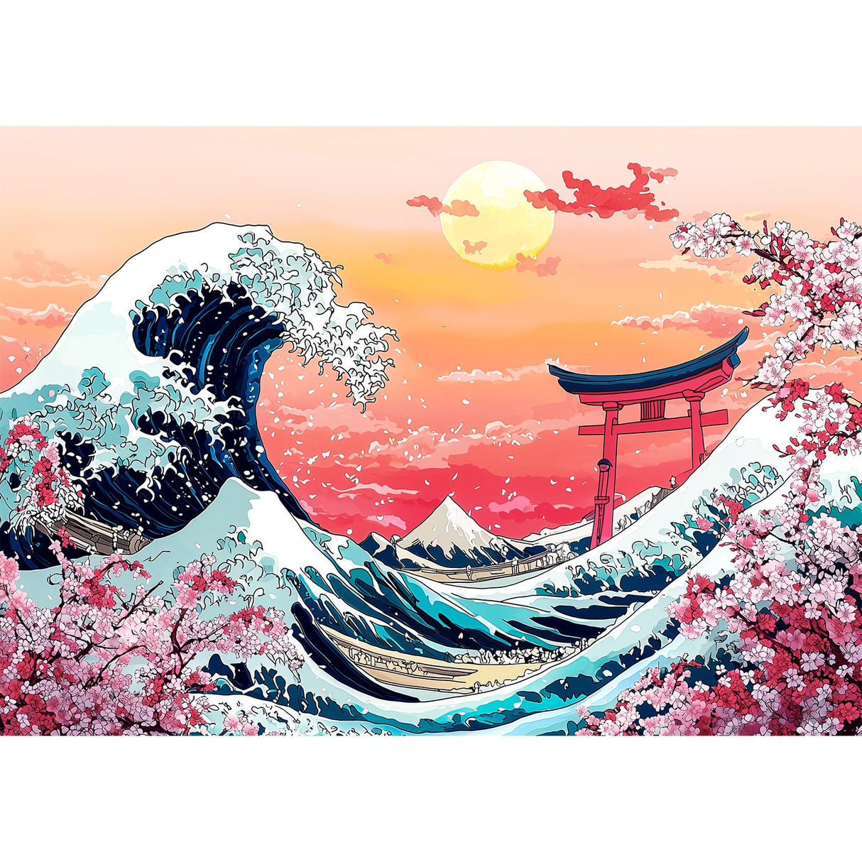Lxmsja Cherry Blossom Diamond Art Kits for Adults, Great Wave DIY Full Drill Diamond Painting Kits for Beginners, 5D Gem Art Crafts for Adults, Home Wall Decor 16x12 inch Lxmsja