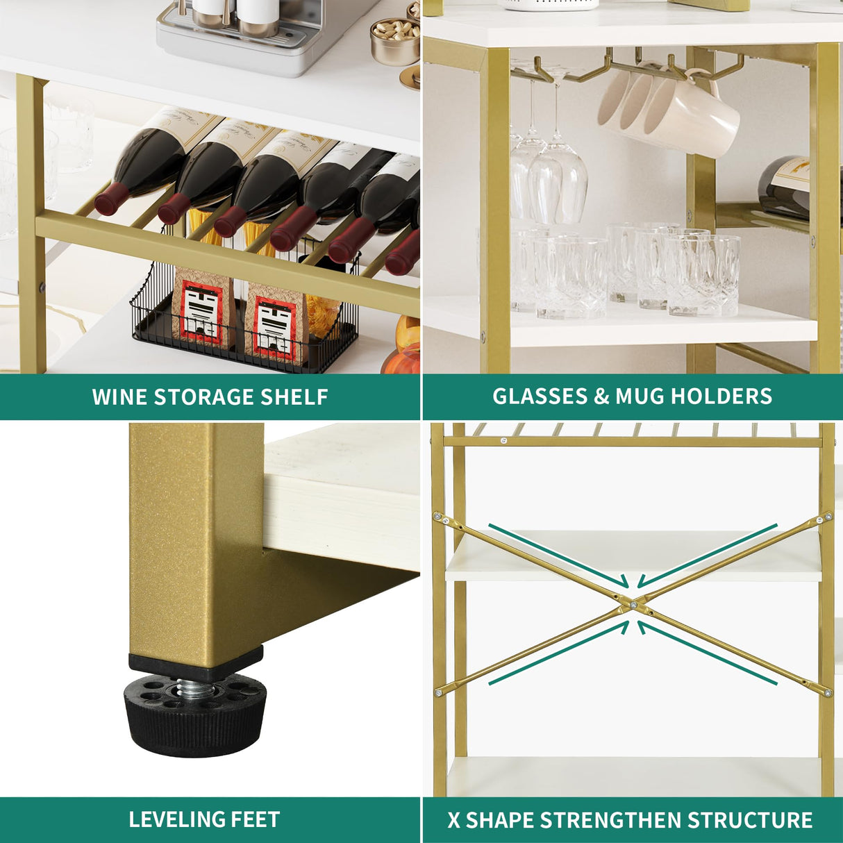 YITAHOME Kitchen Microwave Stand Bakers Rack Coffee Bar with Power Outlet, 39 Inch Large Freestanding Tall Dining Room Storage Shelves for Wine Liquor with Cup Holder, White Gold YITAHOME