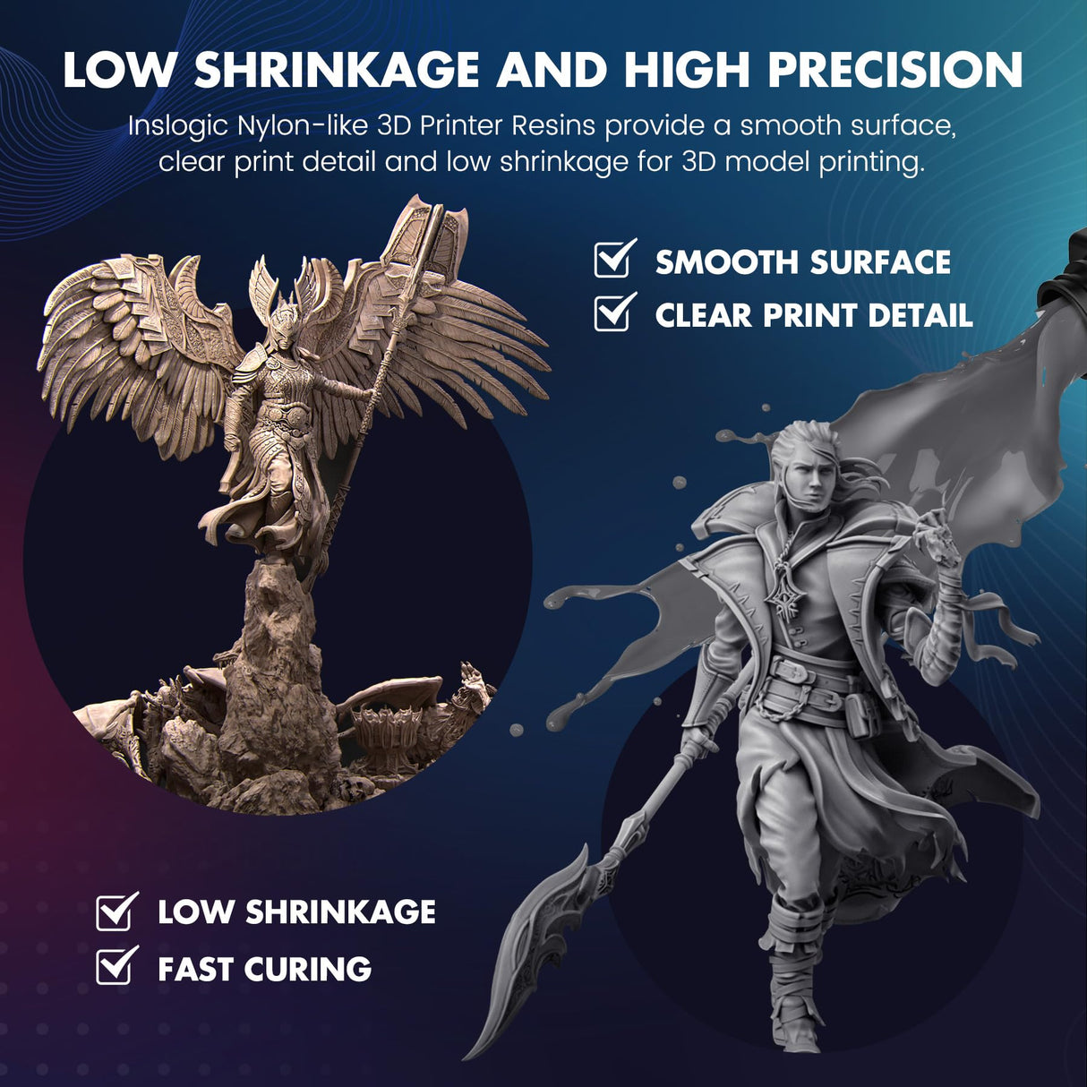 Inslogic Nylon 3D Printer Resin Bundle, 2 * 1KG Black Resin Strong Tough Durable 3D Resin, High Compatible for LCD 3D Printers, 395-405nm UV Light Curing 3D Printing Liquid Photopolymer Resin JAYO