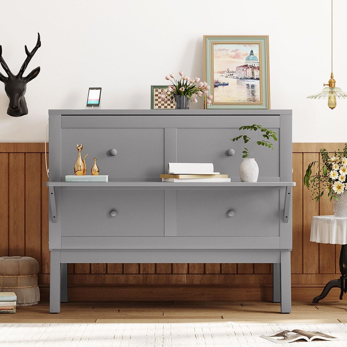 Harper & Bright Designs Full Size Murphy Bed, Full Murphy Cabinet Bed with USB Port and Removable Shelves on Each Side, Gray Harper & Bright Designs