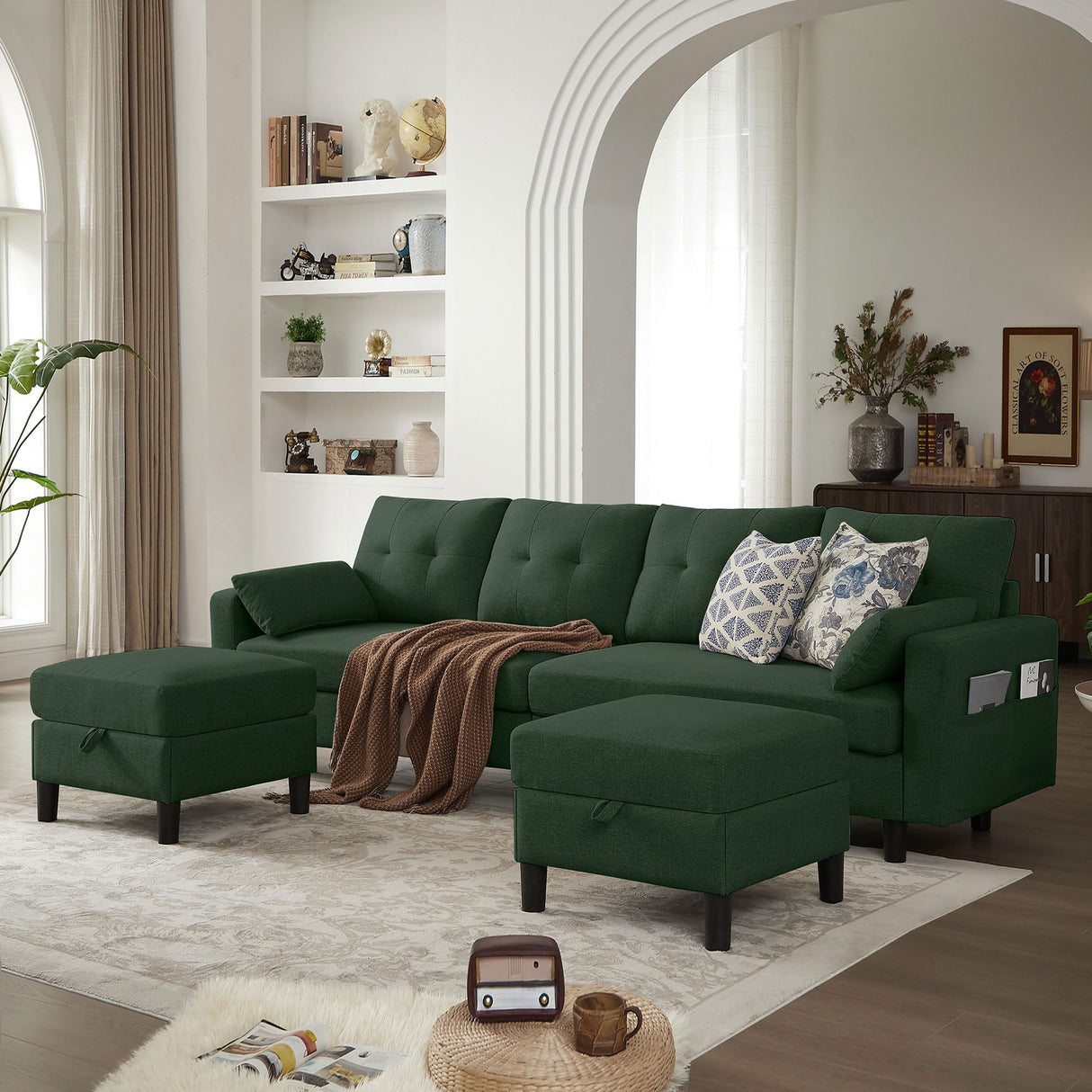 Enobala 101" Convertible Sectional Sofa, 4 Seat U Shaped Couch with Storage Ottoman and Side Pocket, Comfy Sectional Couch for Living Room, Apartment, Modern Linen Fabric Sofa Set,Green Enobala