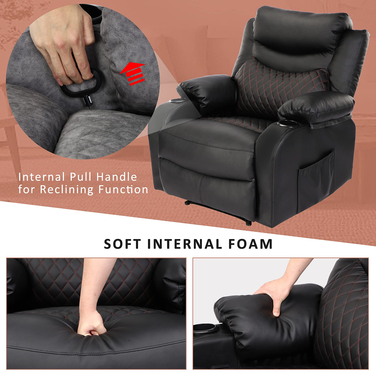 Comermax Faux Leather Black Recliner Chair with Massage and Heat Wide Seat Manual Reclining Chair with Cup Holders, Heated Massaging Recliner Chair for Adults Comermax