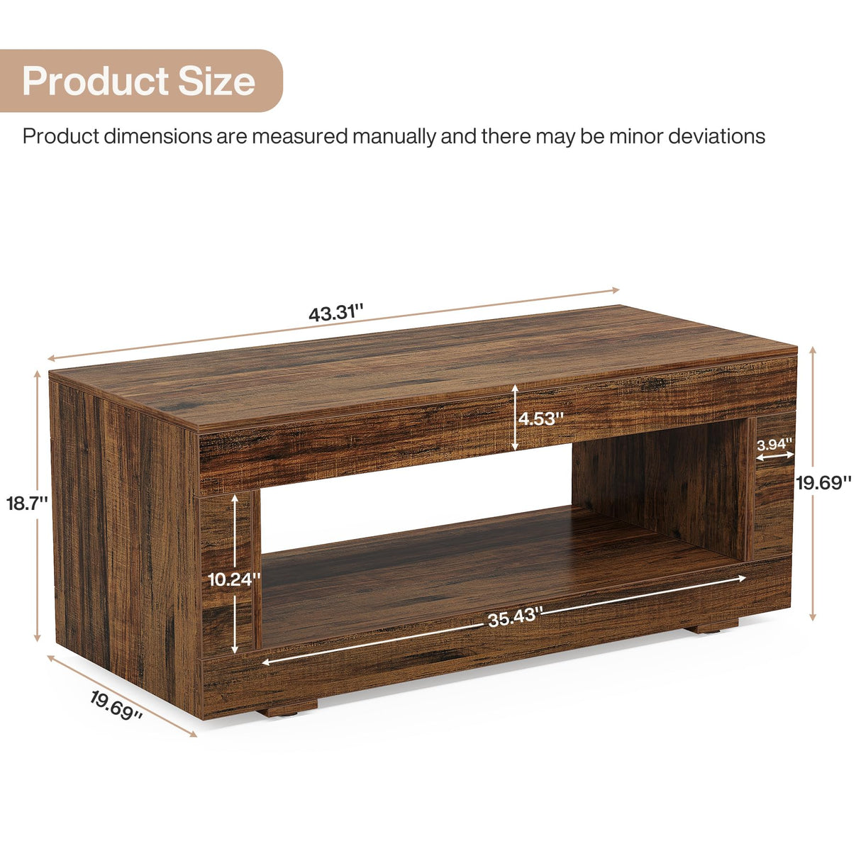 Tribesigns Wood Coffee Table for Living Room, 43.3" Modern Farmhouse Coffee Table with Storage, 2-Tier Rectangular Center Table Cocktail Living Room Table with Sturdy Base, Rustic Brown Tribesigns