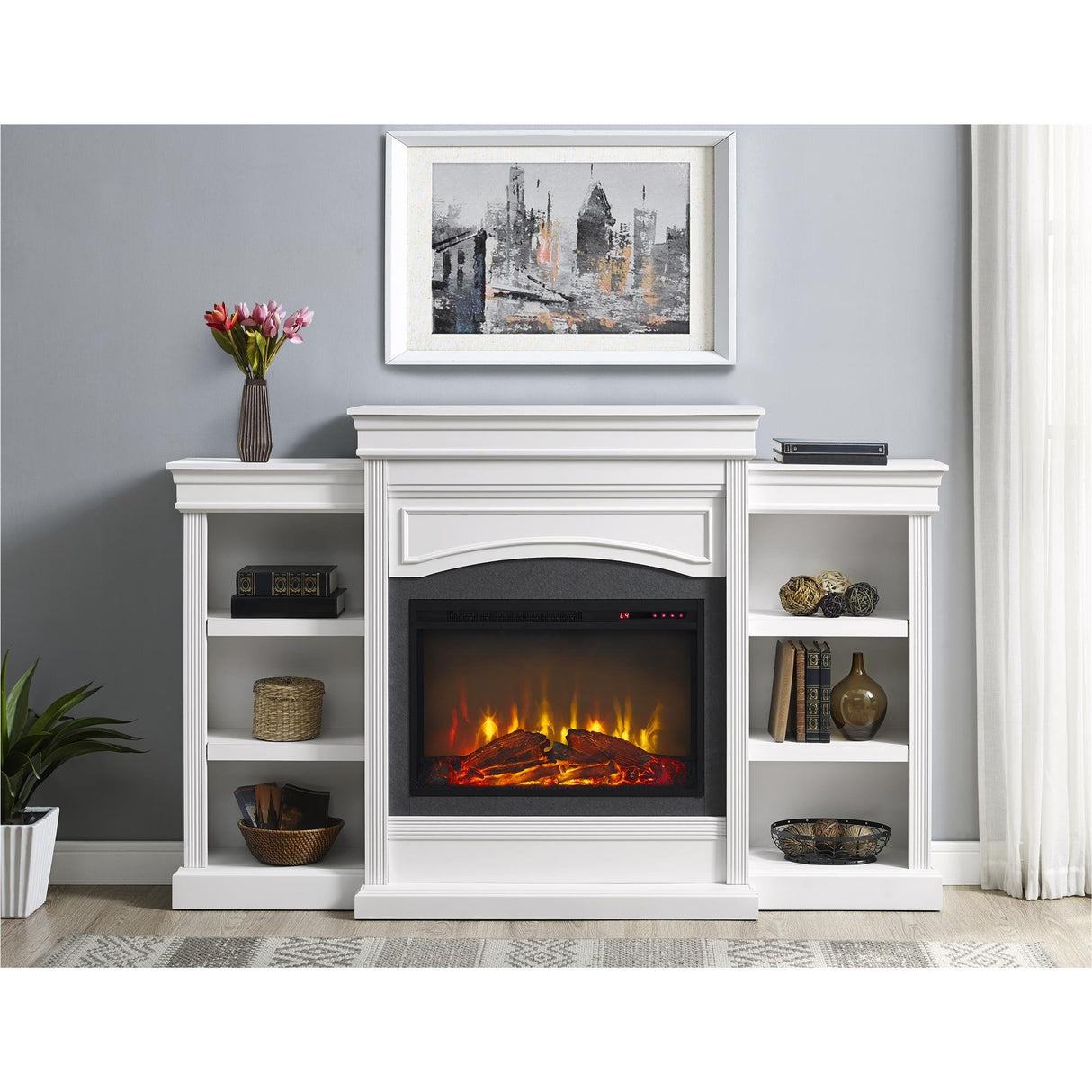 Ameriwood Home Lamont 69 Inch Electric Fireplace with Mantel, Shelves, Replaceable Fireplace Insert Heater, Remote Control, Timer, Realistic Log and Flame Effect, For Living Room or Bedroom, White Ameriwood Home