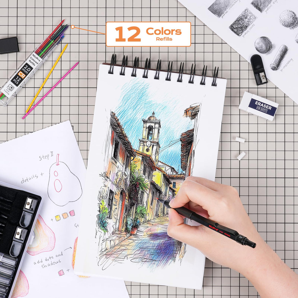 Nicpro 35PCS Black Metal Mechanical Pencils Set in Case, Art Drafting Pencil 0.5, 0.7, 0.9 mm & 3PCS 2mm Graphite Lead Holder for Drawing Sketching With 20 Tube Lead Refills(6B 4B 2B HB 2H 4H Colors) Nicpro