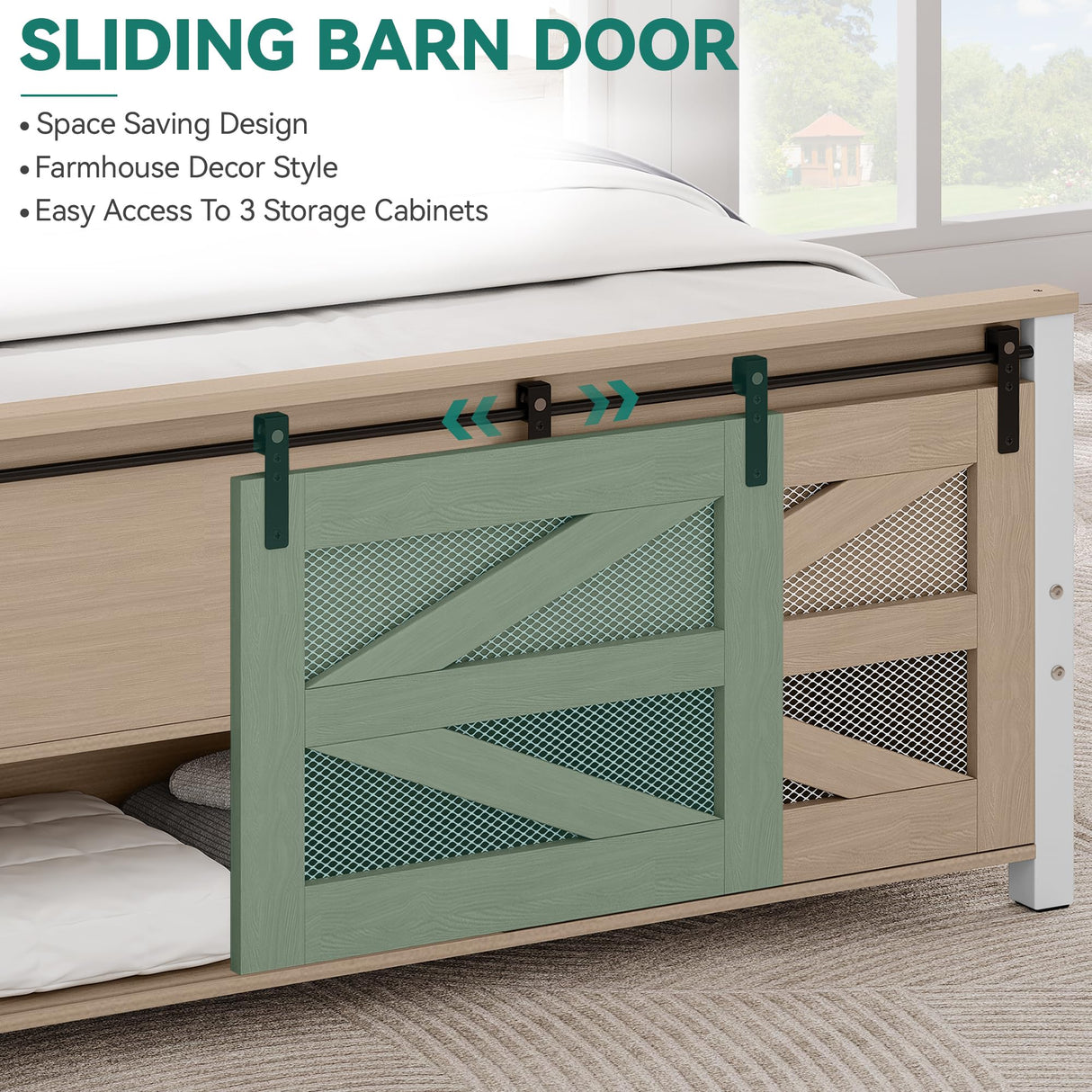 YITAHOME Queen Size Farmhouse Wood Bed Frame with Sliding Barn Door Storage Cabinets and Headboard, Solid Wood Slats Support, Noiseless, No Box Spring Needed, Rustic Brown YITAHOME