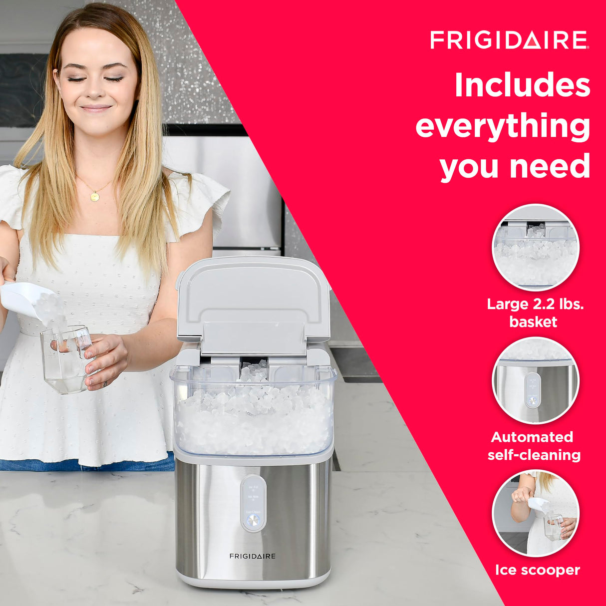 Frigidaire Countertop Crunchy Chewable Nugget Ice Maker, Compact, 33lbs per Day, Metallic Finish Frigidaire