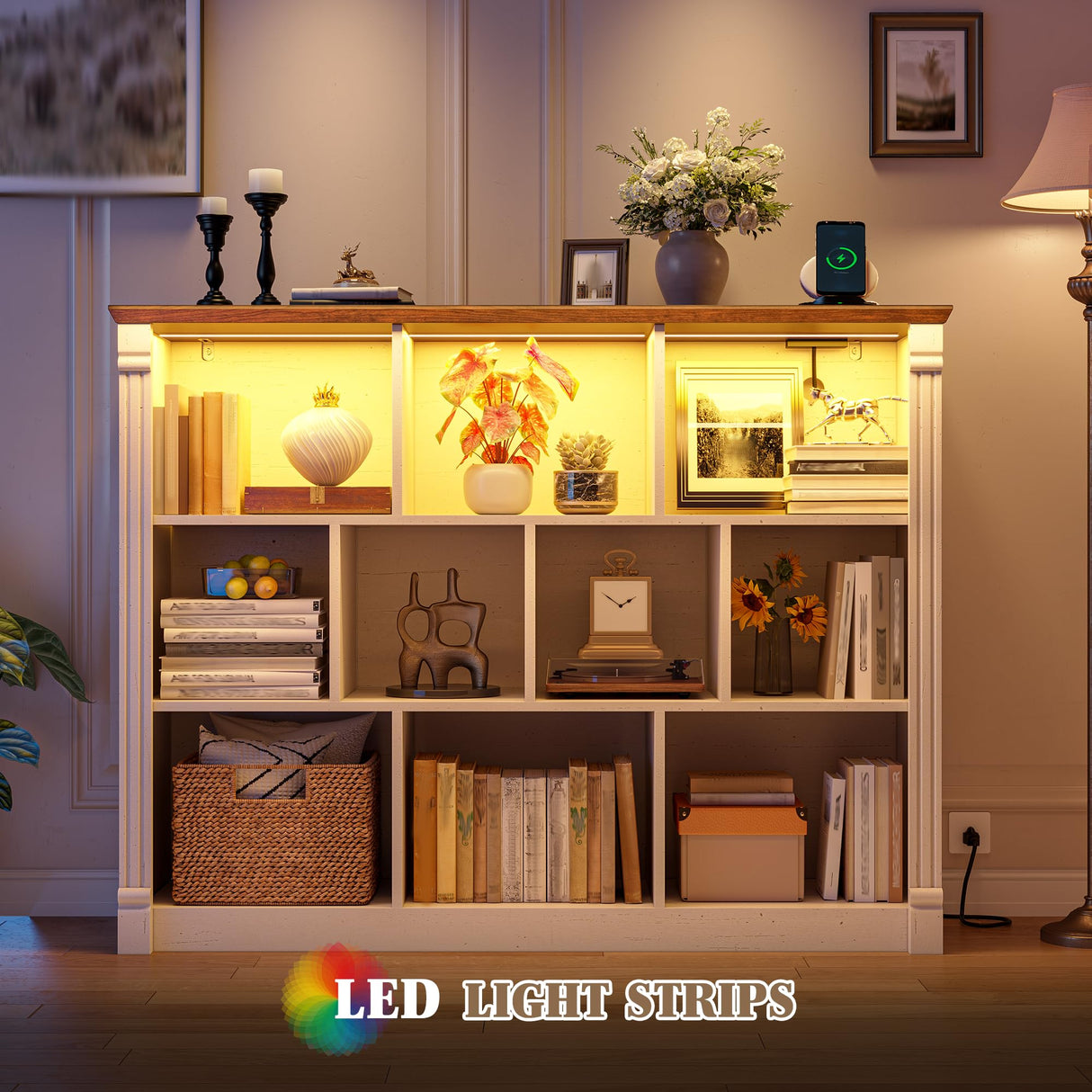 EnHomee 10 Cube Storage Organizer with LED Light and Charging Station Wood Cube Shelf White Bookshelf for Bedroom Living Room,Office,White EnHomee