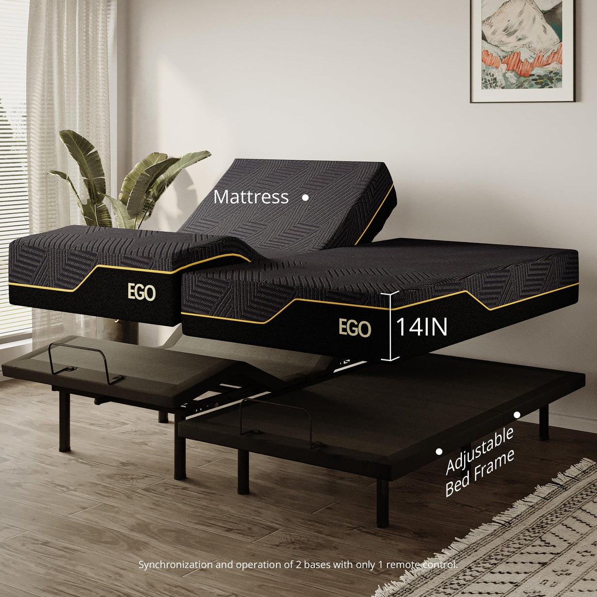 EGOHOME Split King Adjustable Bed Frame and 14" Memory Foam Mattress, Independent Head and Foot Incline Electric Bed with Massage, Wireless Remote, Zero Gravity, LED Lights, USB Ports, Adjustable Legs EGOHOME