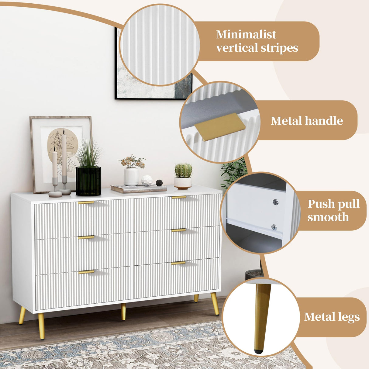 6 Drawer Double Dresser for Bedroom, Modern Dressers Chest of Drawers with Fluted Panel, Wide Wood Storage Dresser Organizer, Dresser TV Stand for Oubayajia