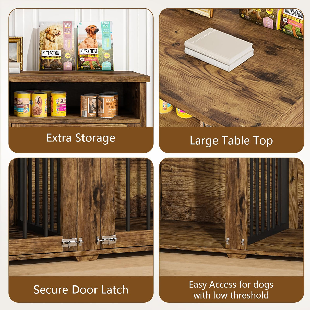 Dog Crate Furniture for 2 Dogs, 41 inch Dog Kennel Furniture with Removable Divider and Shelf Storage, Wooden Indoor Dog Crate for Large/Medium/Small Dogs, Rustic Brown, Farmhouse REVOMINCA