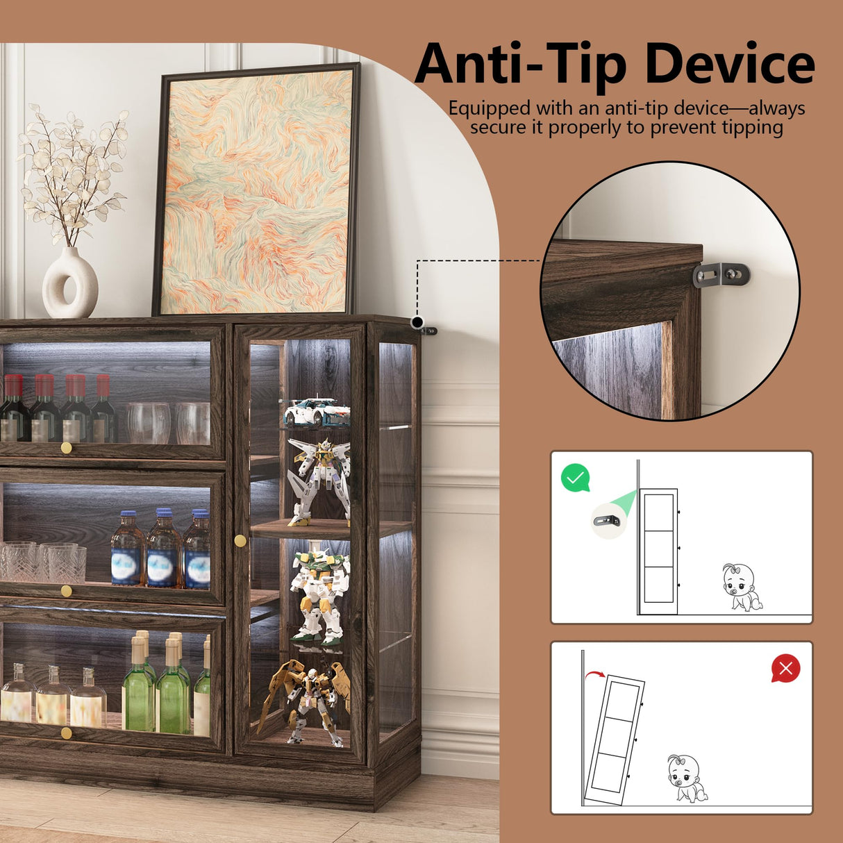 BONITURE Display Cabinet with Acrylic Glass Doors,Extra Wide Curio Cabinet with LED Lighting for Collectibles, Collectibles Toy Organizers Rack & Display Shelf Display Case, Walnut BONITURE