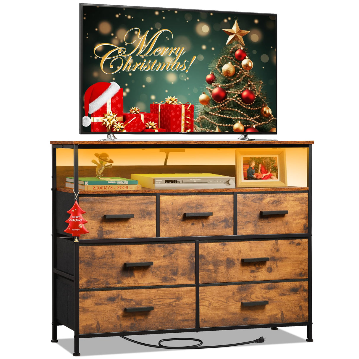 NASHZEN Dresser TV Stand with 7 Drawers, Dresser TV Stand with LED Lights & Power Outlets, Bedroom Dresser, Chest of Drawers up to 45'' Long TV, Wide Fabric Dresser with Open Shelf (Rustic Brown) NASHZEN