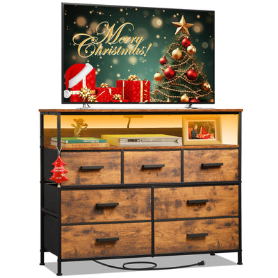 NASHZEN Dresser TV Stand with 7 Drawers, Dresser TV Stand with LED Lights & Power Outlets, Bedroom Dresser, Chest of Drawers up to 45'' Long TV, Wide Fabric Dresser with Open Shelf (Rustic Brown)