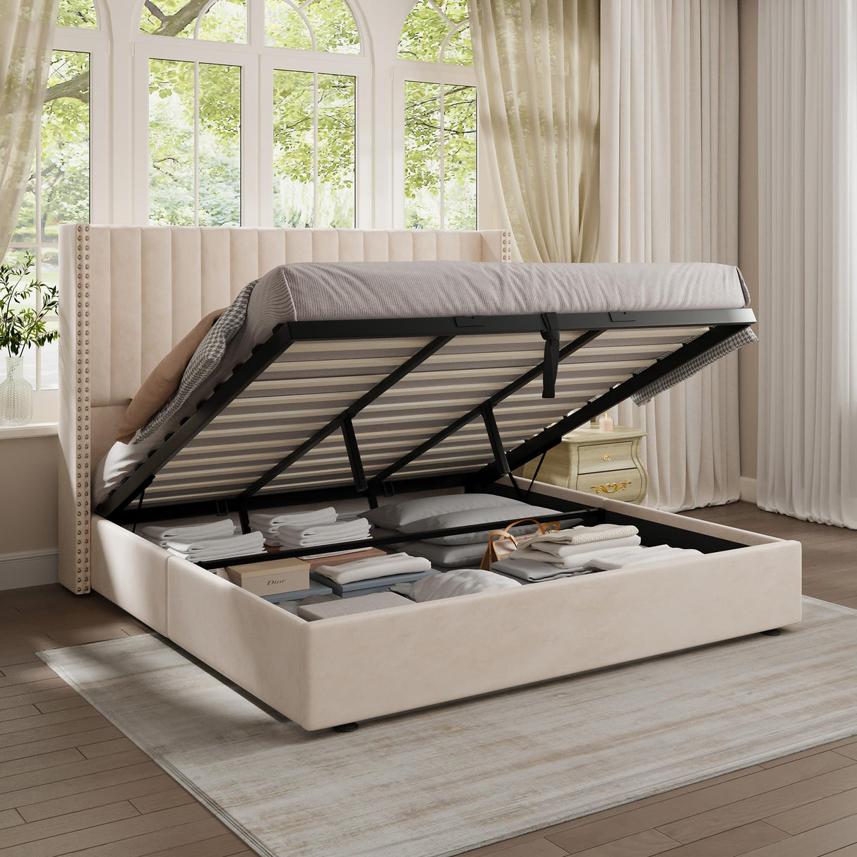 Jocisland Lift up Storage Bed Frame King Size, Upholstered Platform Bed Velvet with Channel Tufted Wingback Headboard, No Box Spring Needed, Cream Jocisland
