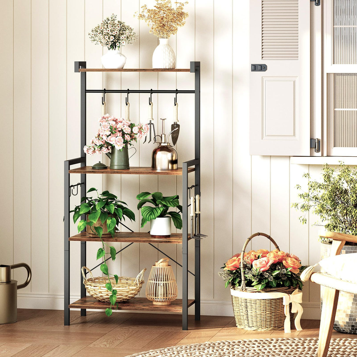 HOOBRO Rustic Brown 4-Tier Multifunctional Baker's Rack with Storage & Hooks for Kitchen and Living Spaces HOOBRO