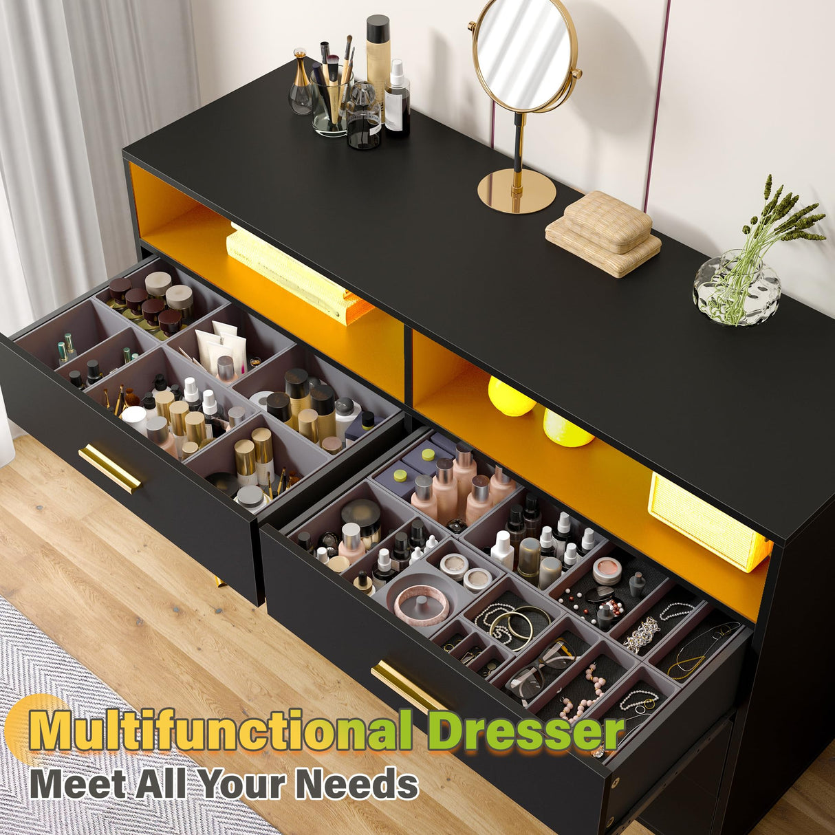 EnHomee Black Dresser for Bedroom with 6 Drawers and Shelves,Modern Wood Dresser with LED Lights,Large TV Stand,Hallway,47.3" W x 39.4" H x 15.8" D,Black EnHomee