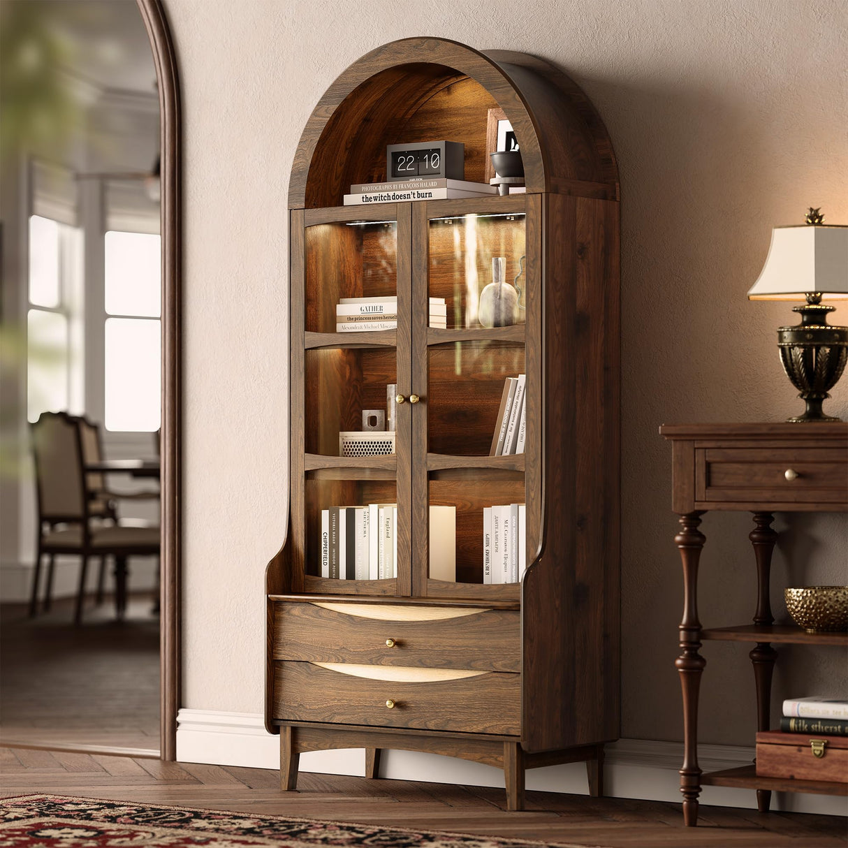 STO'SENSE 73" Tall Arched Bookshelf with LED Lights,4-Tier Modern Farmhouse Arched Bookcase with Glass Doors and Shelves,Wooden Display Cabinet with 2 Drawers for Living Room, Dining Room (Walnut) STO'SENSE