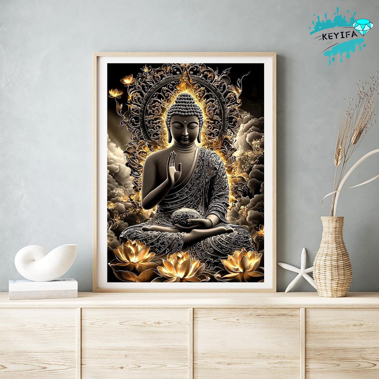KEYIFA Diamond Art Kits for Adults, DIY Diamond Painting Buddha, Round Full Drill, 5D Lotus Flower Diamonds Dots Mosaic Painting, Gem Arts Craft for Home Wall Decor Gifts, 30x40cm KEYIFA