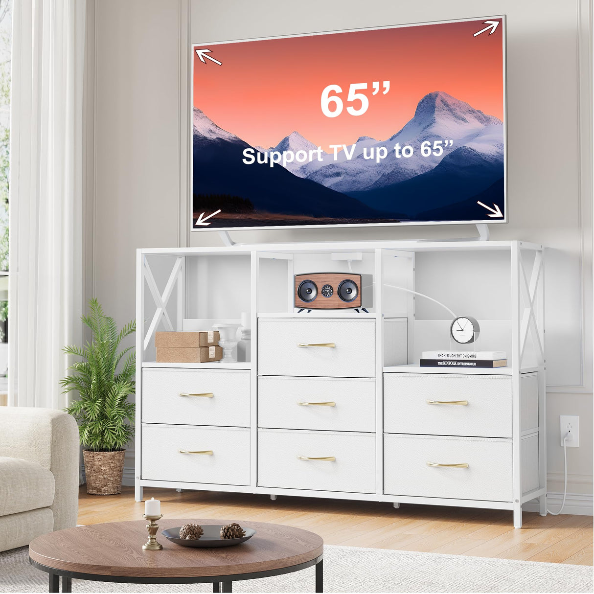 Decofy Dresser for Bedroom with Power Outlets and LED Lights, 7 Drawers TV Stand Dresser for 65 Inch TV, Chest of Drawers with Open Shelf, Wide White Dresser, ๐๐ ๐๐๐๐ญ๐ก๐๐ซ, for Bedroom, Closet Decofy