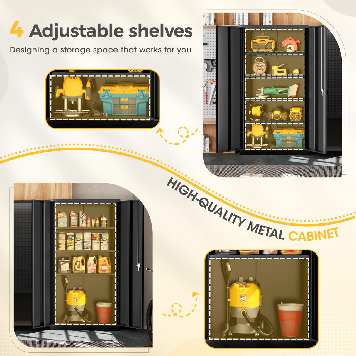 Greenvelly 72" H Metal Garage Storage Cabinet with 2 Doors and 4 Adjustable Shelves, Black Metal Cabinet with Lock, Metal Tool Cabinet for Office,Home, Garage, Gym, School Greenvelly