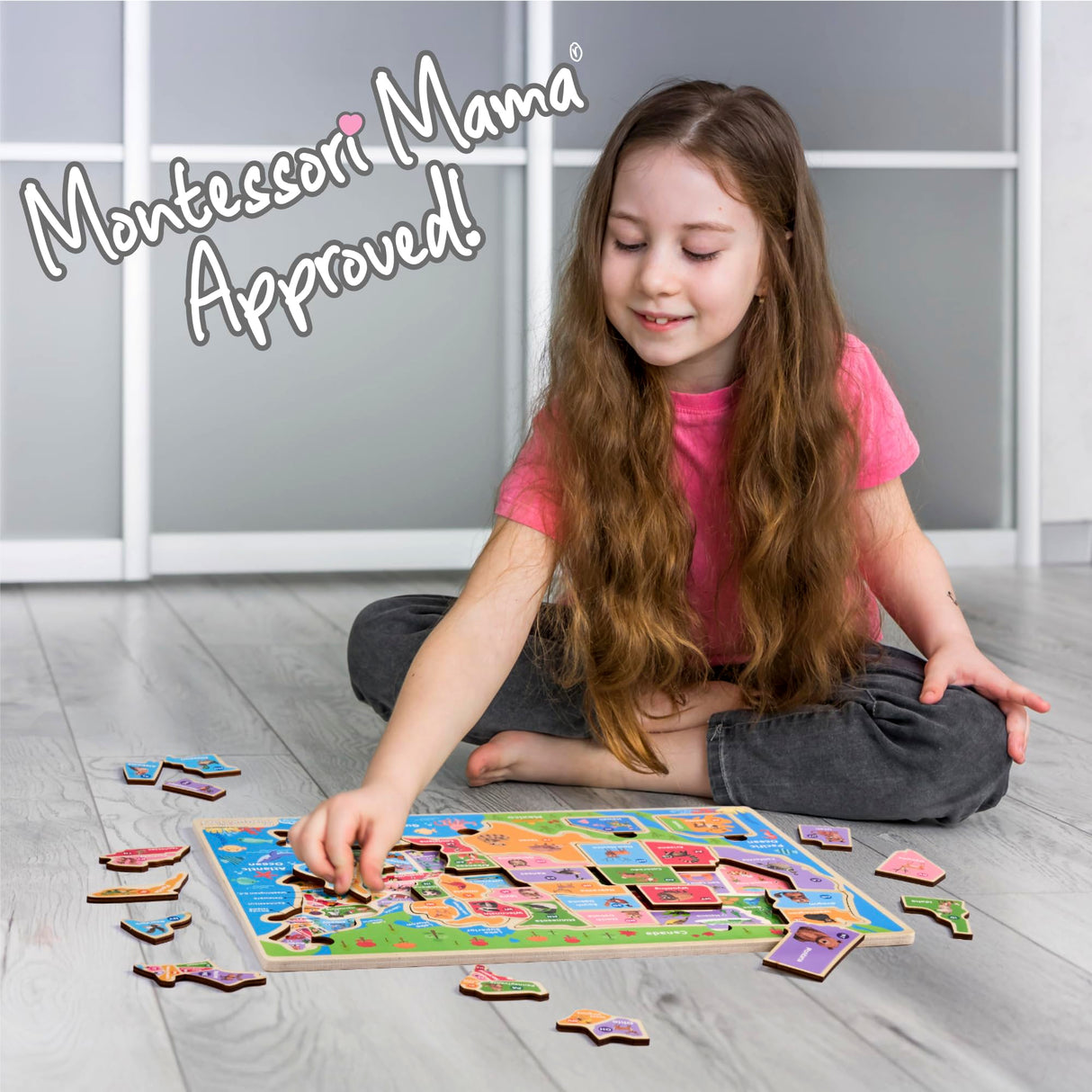Montessori Mama Wooden USA Map Puzzle and World Continents and Oceans Map Puzzle (USA Map Puzzle) Montessori Mama