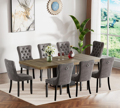 9-Piece Dining Table Set with 8 Upholstered Chairs, Rectangular Extendable Table Set for 8, Wood Dining Room Set for Kitchen Home, 78.74in (62.99in) Long Expandable Kitchen Table with 8 Chairs