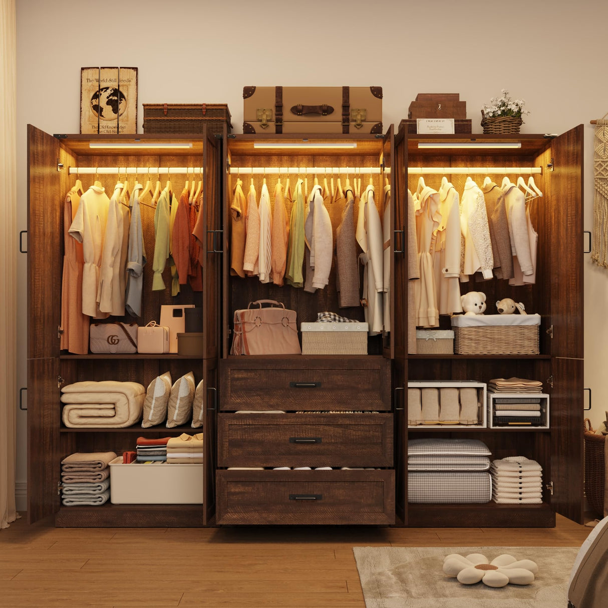 Hlivelood 75" Tall Farmhouse 6 Doors Armoire Wardrobe Closet with 3 Drawers and LED,Freestanding Closet Wardrobe Cabinet for Bedroom with Hanging Rod,Wooden Armoire Storage Cabinet(Brown 6 Doors 1) Hlivelood