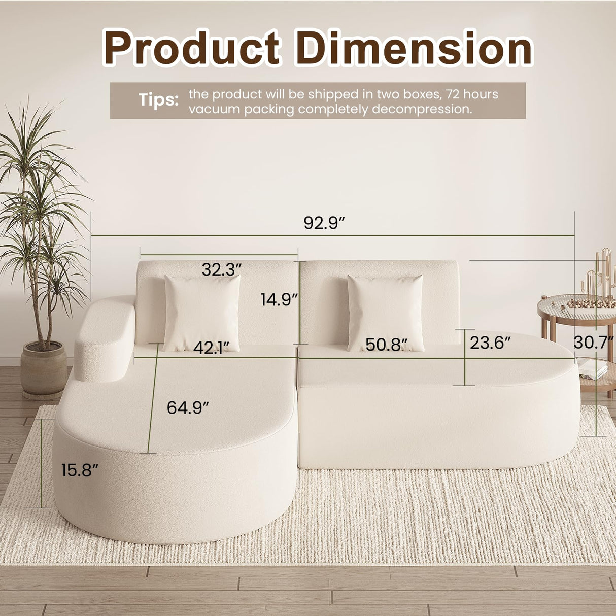 MELLCOM Modern Curved Boneless Sofa Couch, L-Shaped Corner Sofa, No Assembly Needed, Chenille Upholstered Cloud Sectional Couch for Living Room, Bedroom and Apartment (Beige, Left Hand Facing) MELLCOM